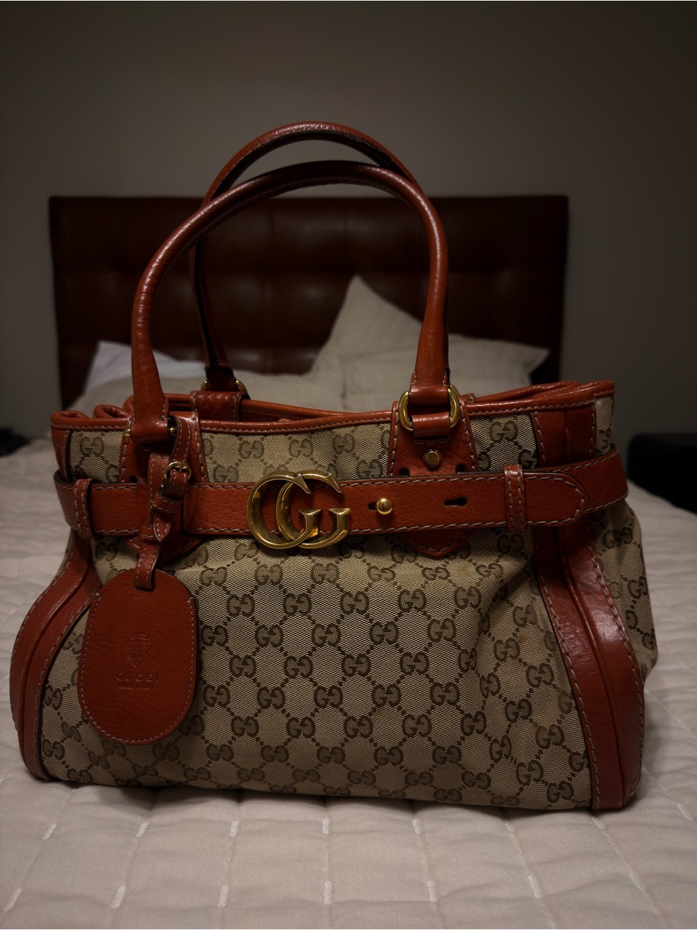 Gucci Beige 247183 GG Logo Canvas and Brown Leather Tote